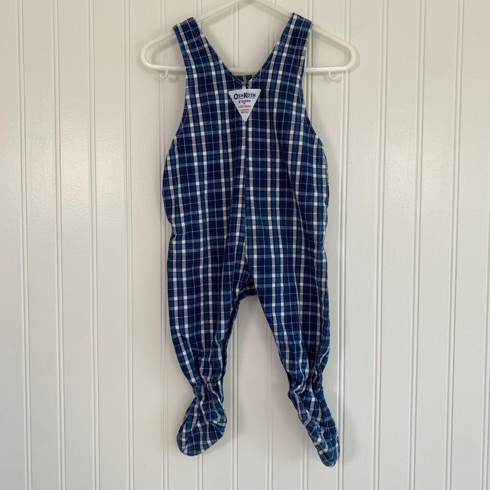Vintage Osh Kosh Bgosh Vestbak Baby Overalls Size 3-6 Months Blue Plaid Footie - Picture 6 of 11